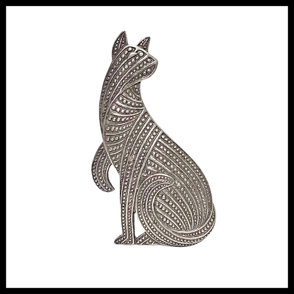 JJ Pewter Cat Brooch Vintage Figural Pin 1988 Signed Costume Jewelry
